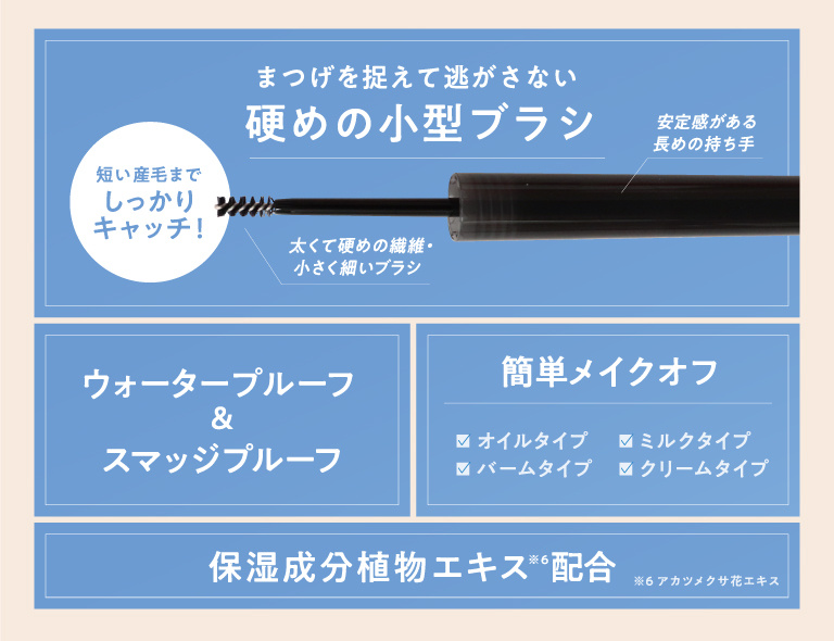 まつげを捉えて逃がさない硬めの小型ブラシ、ウォータープルーフ＆スマッジプルーフ、簡単メイクオフ、保湿成分植物エキス配合